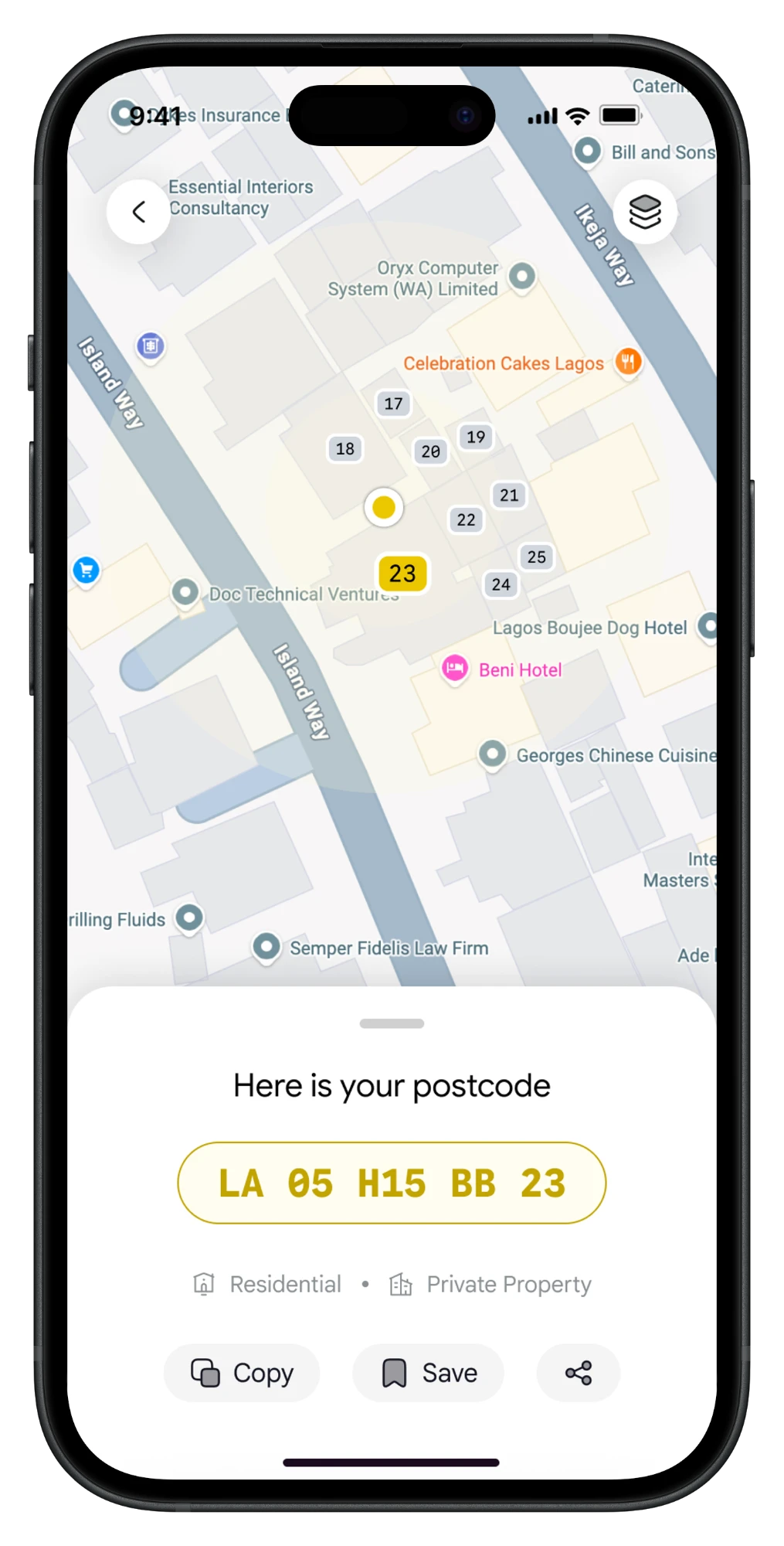 NIPOST Postcode app showing a building's postcode on the map